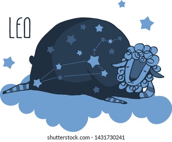 The cute, funny sheep on a cloud surrounded by stars in the image of the zodiac constellation. Leo. Vector graphics.