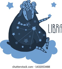 The cute, funny sheep on a cloud surrounded by stars in the image of the zodiac constellation. Libra. Vector graphics.