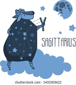 The cute, funny sheep on a cloud surrounded by stars in the image of the zodiac constellation. Sagittarius. Vector graphics.