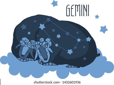 The cute, funny sheep on a cloud surrounded by stars in the image of the zodiac constellation. Gemini. Vector graphics.