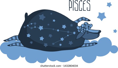 The cute, funny sheep on a cloud surrounded by stars in the image of the zodiac constellation. Pisces. Vector graphics.