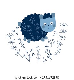 Cute funny sheep and plants. Vector Flat style.