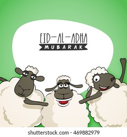 Cute funny Sheep, Vector illustration for Muslim Community, Festival of Sacrifice, Eid-Al-Adha Mubarak. Creative Card design.