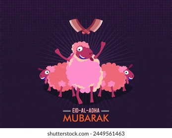 Cute funny Sheeps with Cleaver Knife on vintage background for Muslim Community, Festival of Sacrifice, Eid-Al-Adha Mubarak. 