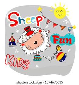 Cute funny sheeps make tricks, train each other. Positive circus clip art, illustrations on white background. Can be used for t- shirt prints, kids nursery wear fashion.