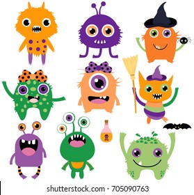 Cute, funny and silly vector monsters for Halloween in purple, green and orange colors