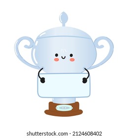 Cute funny silver trophy cup with poster. Vector hand drawn cartoon kawaii character illustration icon. Isolated white background. Silver trophy cup think concept emoji,child,baby,face,adorable,kids