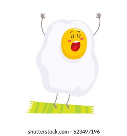 Cute and funny singing fried egg character, colorful cartoon vector illustration isolated on white background. Funny fried egg with face, arms and legs doing morning exercises on a green may