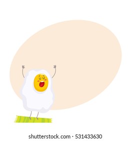 Cute and funny singing fried egg character, colorful cartoon vector illustration on background with place for text. Funny fried egg with face, arms and legs doing morning exercises on a green may