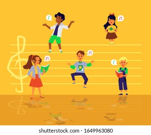 Cute funny singing kid cartoon characters vector illustration on yellow background with musical notes lines and symbols. Choir or vocal school for children.