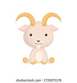 Cute funny sitting baby goat isolated on white background. Domestic adorable animal character for design of album, scrapbook, card and invitation. Flat cartoon colorful vector illustration.
