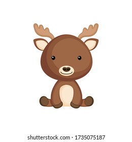 Cute funny sitting baby moose isolated on white background. Woodland adorable animal character for design of album, scrapbook, card and invitation. Flat cartoon colorful vector illustration.