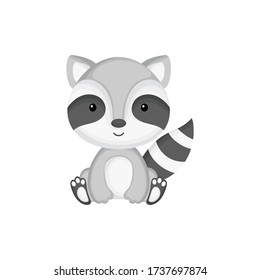 Cute funny sitting baby raccoon isolated on white background. Woodland adorable animal character for design of album, scrapbook, card and invitation. Flat cartoon colorful vector illustration.