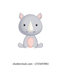 Cute funny sitting baby rhino isolated on white background. Wild african adorable animal character for design of album, scrapbook, card and invitation. Flat cartoon colorful vector illustration.