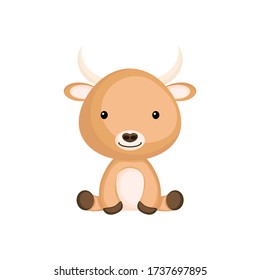 Cute funny sitting baby yak isolated on white background. Domestic adorable animal character for design of album, scrapbook, card and invitation. Flat cartoon colorful vector illustration.