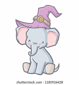 Cute and funny sitting elephant wearing witch hat for Halloween - vector.