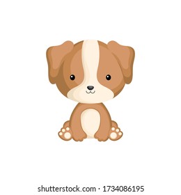 Cute funny sitting puppy isolated on white background. Domestic adorable animal character for design of album, scrapbook, card and invitation. Flat cartoon colorful vector illustration.