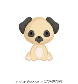 Cute funny sitting puppy pug isolated on white background. Pet adorable animal character for design of album, scrapbook, card and invitation. Flat cartoon colorful vector illustration.
