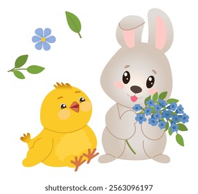 Cute funny sitting rabbit with bouquet of forget-me-nots and sitting fluffy yellow chick. Vector illustration for poster, greeting card or invitation, labels or tags