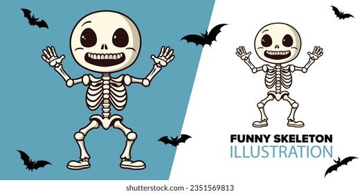 Cute lustige Skelettkarikaturen: Embrace-Halloween-Flecken mit einer einzelnen Vektorgrafik, die einen Schädel im Flachstil zeigt