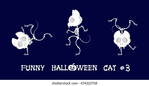 Cute and funny skeleton cat in different poses: activity, dance, yoga or gymnastic. Drawing in cartoon style isolated on dark blue background. Set of design elements. Vector illustration