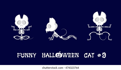 Cute and funny skeleton cat in different poses: activity, dance, yoga or gymnastic. Drawing in cartoon style isolated on dark blue background. Set of design elements. Vector illustration