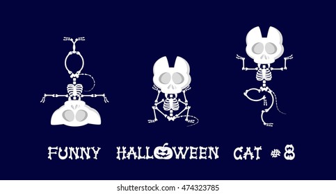 Cute and funny skeleton cat in different poses: activity, dance, yoga or gymnastic. Drawing in cartoon style isolated on dark blue background. Set of design elements. Vector illustration