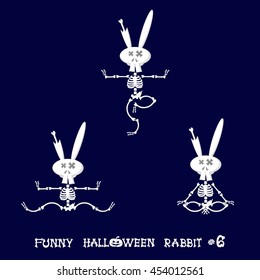 Cute and funny skeleton rabbit in different poses: activity, dance, yoga or gymnastic. Drawing in cartoon style isolated on dark blue background. Set of design elements. Vector illustration