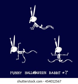 Cute and funny skeleton rabbit in different poses: activity, dance, yoga or gymnastic. Drawing in cartoon style isolated on dark blue background. Set of design elements. Vector illustration
