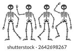 Cute funny skeletons in different poses, illustration for Halloween, day of the dead. Black silhouettes of skeletons on a white background, skull, bones.