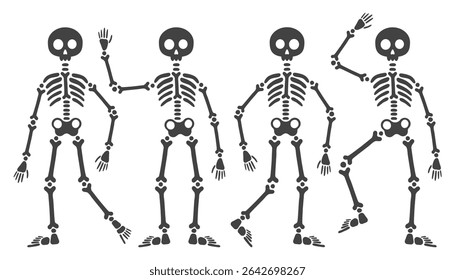 Cute funny skeletons in different poses, illustration for Halloween, day of the dead. Black silhouettes of skeletons on a white background, skull, bones.