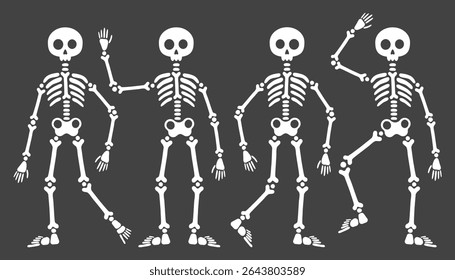 Cute funny skeletons in different poses, illustration for Halloween, day of the dead. White silhouettes of skeletons on a black background, skull, bones.