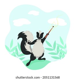 Cute funny skunk holding a magic wand, wild animals, vector character in cartoon style, clip art on a white background.