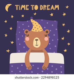 Cute funny sleeping bear with pillow, blanket, moon, stars, quote. Hand drawn vector illustration. Scandinavian style flat design. Kids fashion, textile print, poster, card, baby shower concept