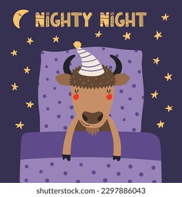 Cute funny sleeping bison with pillow, blanket, moon, stars, quote. Hand drawn vector illustration. Scandinavian style flat design. Kids fashion, textile print, poster, card, baby shower concept