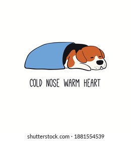 Cute funny sleeping dog, puppy, quote Cold nose warm heart. Hand drawn color vector illustration, isolated on white. Line art. Pet logo, icon. Design concept for trendy poster, t-shirt, fashion print.