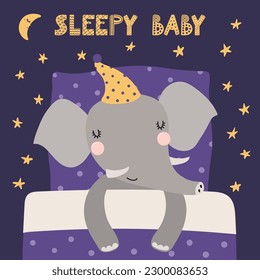 Cute funny sleeping elephant with pillow, blanket, moon, stars, quote. Hand drawn vector illustration. Scandinavian style flat design. Kids fashion, textile print, poster, card, baby shower concept