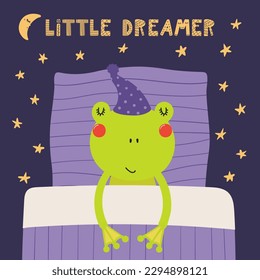 Cute funny sleeping frog with pillow, blanket, moon, stars, quote. Hand drawn vector illustration. Scandinavian style flat design. Kids fashion, textile print, poster, card, baby shower concept