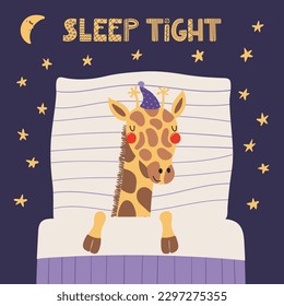 Cute funny sleeping giraffe with pillow, blanket, moon, stars, quote. Hand drawn vector illustration. Scandinavian style flat design. Kids fashion, textile print, poster, card, baby shower concept