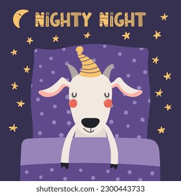 Cute funny sleeping goat with pillow, blanket, moon, stars, quote. Hand drawn vector illustration. Scandinavian style flat design. Kids fashion, textile print, poster, card, baby shower concept