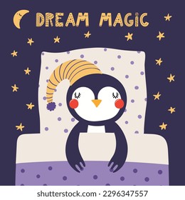 Cute funny sleeping penguin with pillow, blanket, moon, stars, quote. Hand drawn vector illustration. Scandinavian style flat design. Kids fashion, textile print, poster, card, baby shower concept