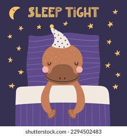 Cute funny sleeping platypus with pillow, blanket, moon, stars, quote. Hand drawn vector illustration. Scandinavian style flat design. Kids fashion, textile print, poster, card, baby shower concept