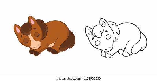 Cute funny sleeping pony. Little horse. Pegasus.Unicorn. Illustration for kids 