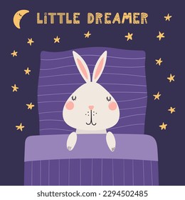 Cute funny sleeping rabbit with pillow, blanket, moon, stars, quote. Hand drawn vector illustration. Scandinavian style flat design. Kids fashion, textile print, poster, card, baby shower concept