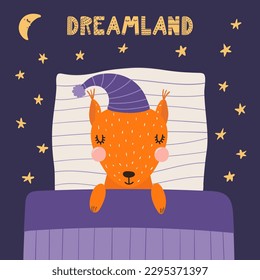 Cute funny sleeping squirrel with pillow, blanket, moon, stars, quote. Hand drawn vector illustration. Scandinavian style flat design. Kids fashion, textile print, poster, card, baby shower concept