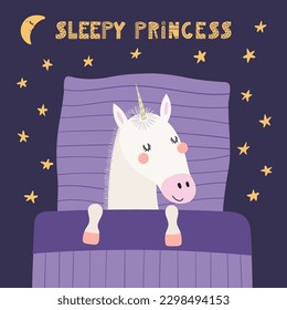 Cute funny sleeping unicorn with pillow, blanket, moon, stars, quote. Hand drawn vector illustration. Scandinavian style flat design. Kids fashion, textile print, poster, card, baby shower concept