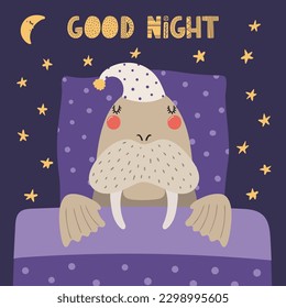 Cute funny sleeping walrus with pillow, blanket, moon, stars, quote. Hand drawn vector illustration. Scandinavian style flat design. Kids fashion, textile print, poster, card, baby shower concept