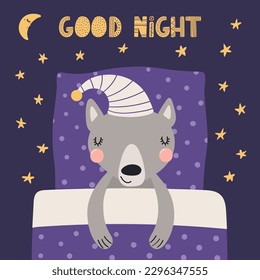 Cute funny sleeping wolf with pillow, blanket, moon, stars, quote. Hand drawn vector illustration. Scandinavian style flat design. Kids fashion, textile print, poster, card, baby shower concept