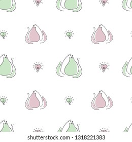 Cute  funny sleepy cat pet seamless pattern. Cartoon background. Line/ doodle/sketch/ fabric design