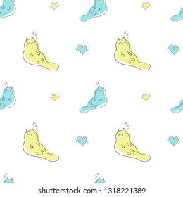 Cute  funny sleepy cat pet seamless pattern. Cartoon background. Line/ doodle/sketch/ fabric design